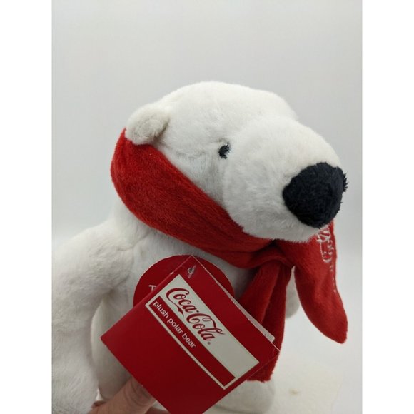 2013 Coca-Cola Plush Standing Polar Bear Red Scarf 10.5 inch Tag Is USED Writing - Picture 9 of 11